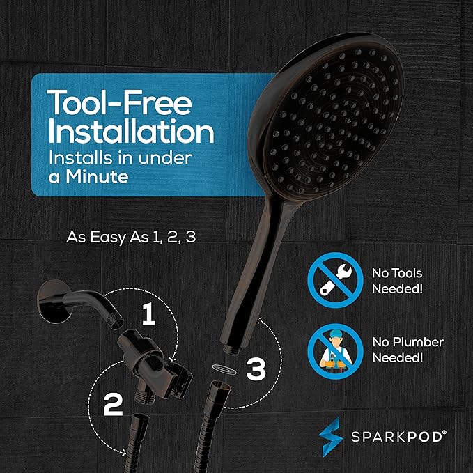 SparkPod Oil Rubbed Bronze 6-Inch High Pressure Handheld Shower Head with 6ft Hose and Adjustable Bracket - Luxury Showerheads - 1-Min Installation
