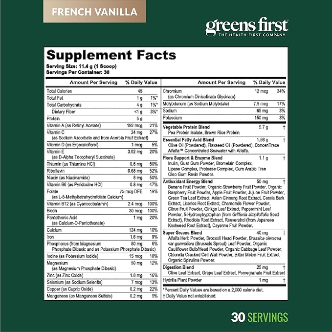Greens First Boost - Plant-Based Protein & Balanced Nutrition - Superfood Shake Mix - No Wheat or Soy - Dairy-Free - Vegan - French Vanilla, 12.06 oz.
