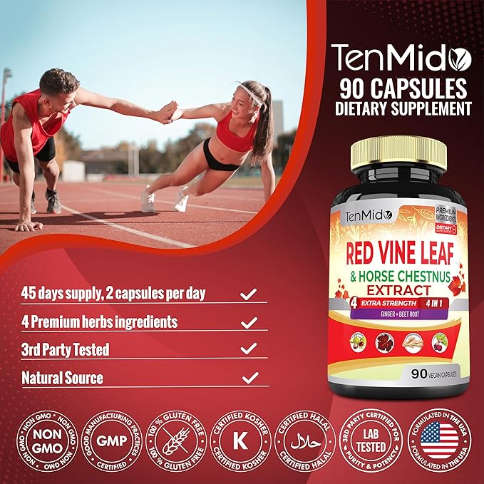 Red Vine Leaf Extract Capsules - with Horse Chestnut, Beet Root, Ginger - Herbal Supplement for Heart, Leg Vein & Energy - 90 Vegan Capsules for 45 Days