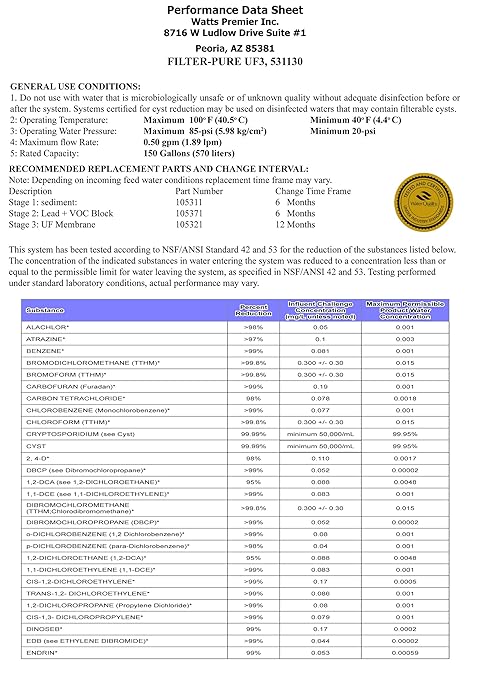 Watts Premier Pure UF-3 Three-Stage Under Counter Ultra Filtration System, Filter-Pure Module, Push Button Water Filters: Sediment Filter, LVOC Carbon Filter, UF Membrane, WQA Certified