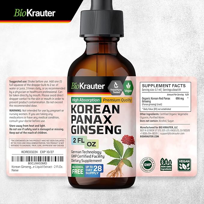 BIO KRAUTER Panax Ginseng Extract Liquid - Korean Red Ginseng Supplement Alcohol Free - Immune Support - Vegan, Sugar Free - 2 Fl.Oz.