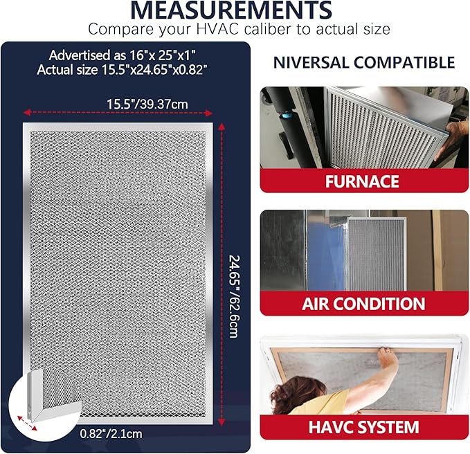 16x25x1 Electrostatic Air Filter, MERV 8 Reusable Aluminum AC/HVAC Furnace Filters, Washable Permanent Air Filter, Lasts a Lifetime, Easy to Clean (Actual Size:15.50x24.65x0.82)