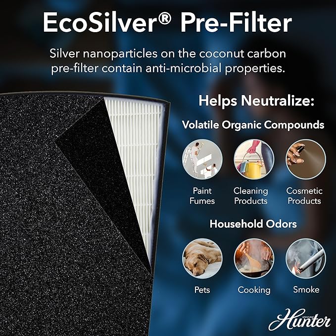 Hunter HP800 Air Purifiers for Home Large Room and Bedroom. True HEPA Air Purifier for Pets, Odors, Allergens, Smoke, Dust, VOC's. Value Bundle w/Extra Filter. Cleans 2585 Ft² per hour. Black