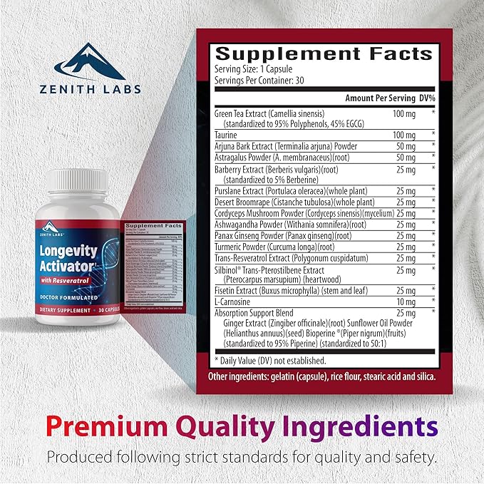 Zenith Labs Longevity Activator Anti-Aging Supplement Dietary Supplement, Natural Antioxidants with Resveratrol - Supports Immune Function and Healthy Memory, 3 Pack