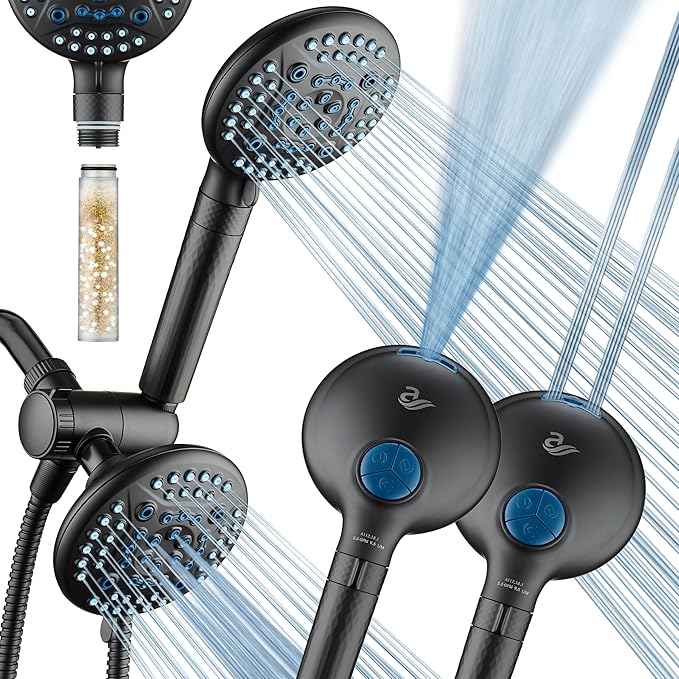 AquaCare High Pressure 6-way Dual Shower Head Combo with Built-in Filter & Power Wash - Clean Tub, Tile & Pets. Remove Chlorine, Lead & Toxins from Water to Protect Skin, Hair, & Nails. Matte Black