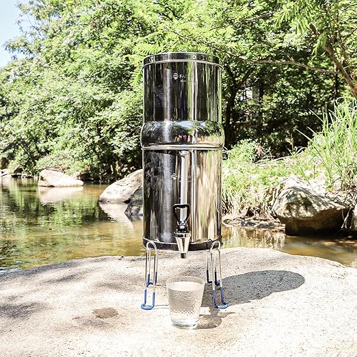 Gravity-Fed Water Filter System, NSF/ANSI 42&372 Standard, 2.25G Stainless-Steel Countertop System with 2 Black Elements, 2 Fluoride, Metal Water Level Spigot, Reduces Fluoride and Chlorine