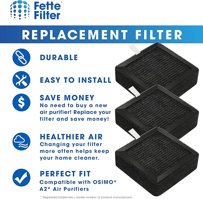Fette Filter - Air Purifier True HEPA Replacement Filter Compatible with OSIMO A2 Air Purifier with High-Efficiency Activated Carbon Filter - Pack of 3