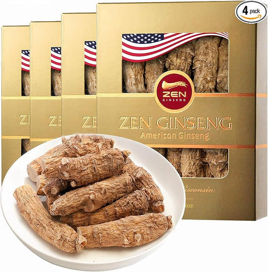 4 Boxes of Premium Large American Ginseng Root (4oz per Box) - Non-GMO, Gluten Free Wisconsin Ginseng. Boosts Immunity, Energy & Stamina for Man & Women