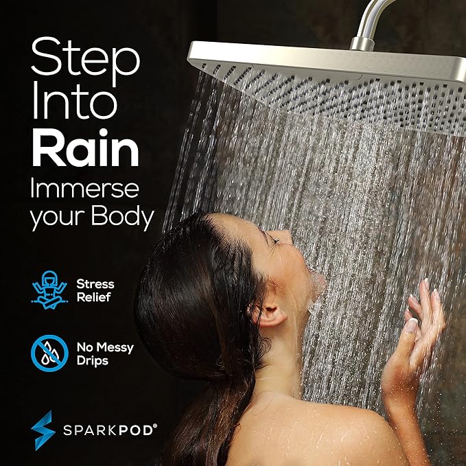 SparkPod 12 Inch Rectangle Rain Shower Head - Ceiling or Wall Mount Rainfall Shower Head - Large Coverage Showerhead - Brass Ball Joint with 360° Adjustment - 1-Min Install (Elegant Brushed Nickel)