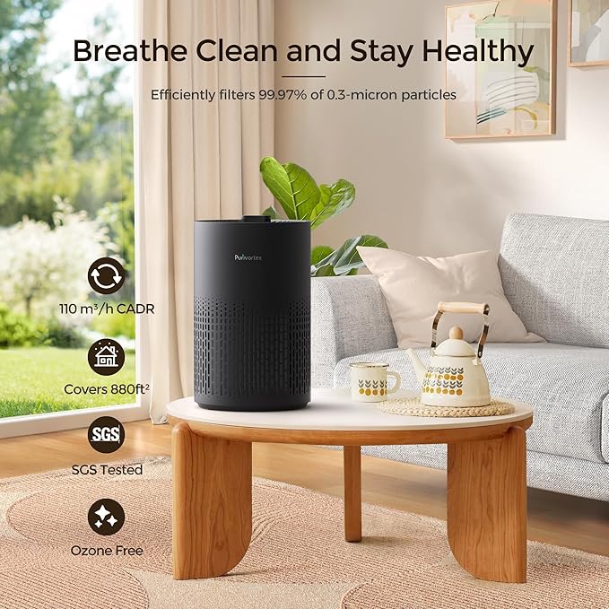 Purivortex Air Purifiers for Home, Quiet HEPA Air Filter for Pollen, Smoke, Dust, Pet Dander, Odor, Hair, Covers Up to 880 Sq Ft (Model: AC400 Black with Fragrance Sponge)