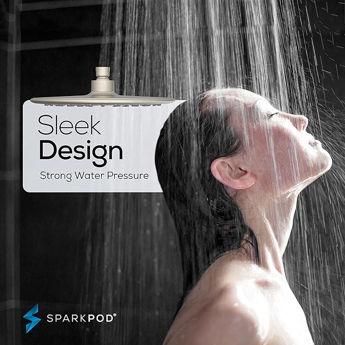 SparkPod 9.5 Inch Large Rain Shower Head - Luxury Rainfall Shower Head - High Pressure Showerhead, Full Body Coverage with Anti-Clog Silicone Nozzles -No Hassle, Easy Install (1/2 NPT, Brushed Nickel)
