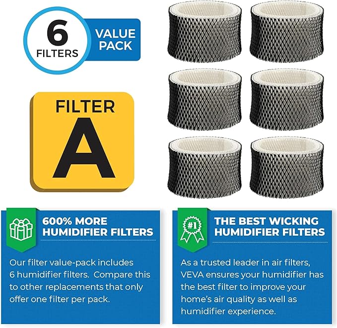 VEVA 6 Pack Premium Humidifier Filters Replacement for Holmes Filter A, HWF62, HWF62S, and Other Sunbeam Cool Mist Humidifiers