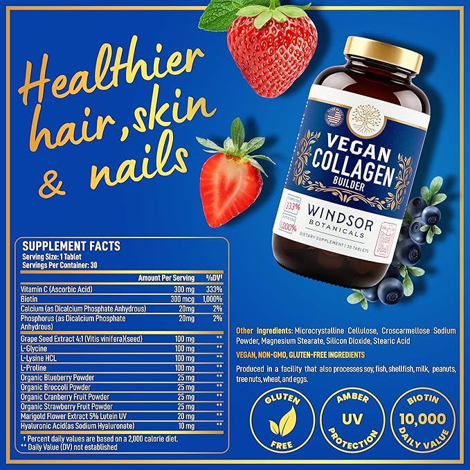 Vegan Collagen for Women and Men - Organic Superfood, Amino Acids Glycine, Lysine, Proline for Healthy Skin, Hair, Nails - Plant-Based Collagen Booster Supplements - 60 Gluten-Free Vegetarian Pills