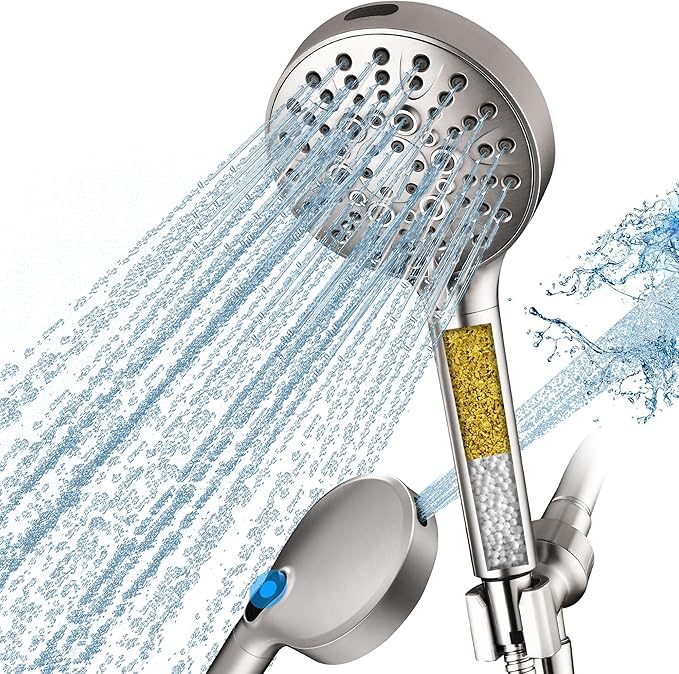 BRIGHT SHOWERS Filtered Shower Head with Handheld, High Pressure 9 Spray Mode Showerhead with Long Hose and Bracket, Water Softener Filters Beads for Hard Water - Removes Chlorine, Brushed Nickel
