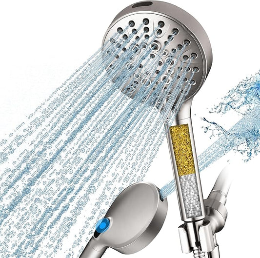 BRIGHT SHOWERS Filtered Shower Head with Handheld, High Pressure 9 Spray Mode Showerhead with Long Hose and Bracket, Water Softener Filters Beads for Hard Water - Removes Chlorine, Brushed Nickel