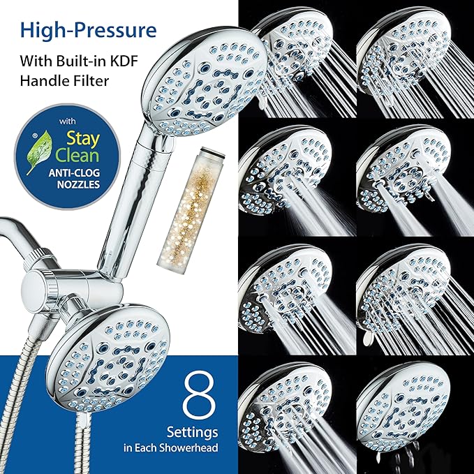 AquaCare High Pressure 6-way Dual Shower Head Combo with Built-in Filter & Power Wash - Clean Tub, Tile & Pets. Remove Chlorine, Lead & Toxins from Water to Protect Skin, Hair, & Nails. Chrome Finish