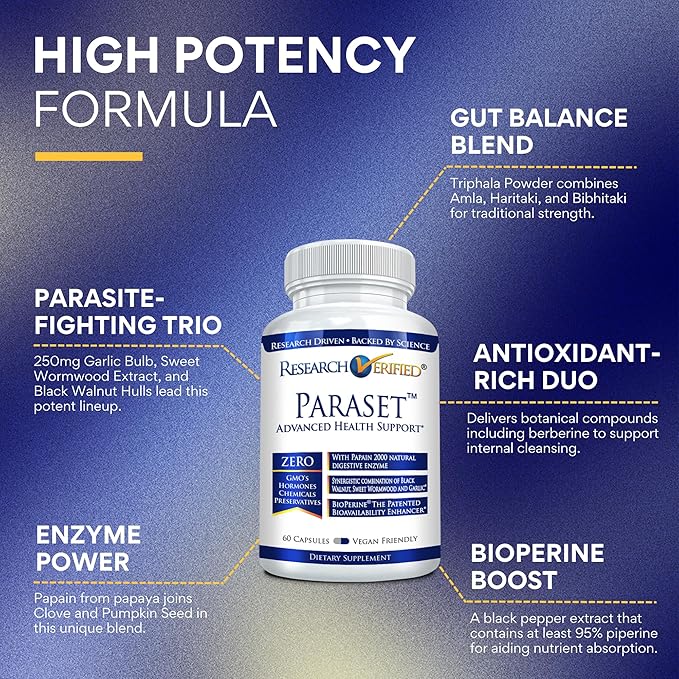 Research Verified Paraset - 60 Capsules - Natural Gut Health Enhancer - Garlic Bulb, Papain, Sweet Wormwood, Black Walnut, BioPerine - Vegan
