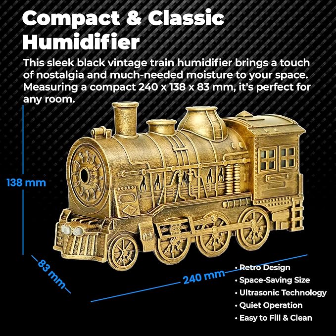 OMEO Gold Small Train Aromatherapy Humidifier & Essential Oil Diffuser - Dual Mist, Quiet Ultrasonic, 300ML Tank, Remote Control, LED Light, Air Purifier for Home, Office, and Bedroom Use