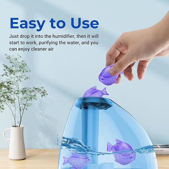 12 Pack Universal Humidifier Cleaner Fish Compatible with Almost All Humidifiers and Fish Tanks, Equipped with Silver Ion Filter Balls, Prevents Hard Water Build-Up, Reduces Scale, Purple