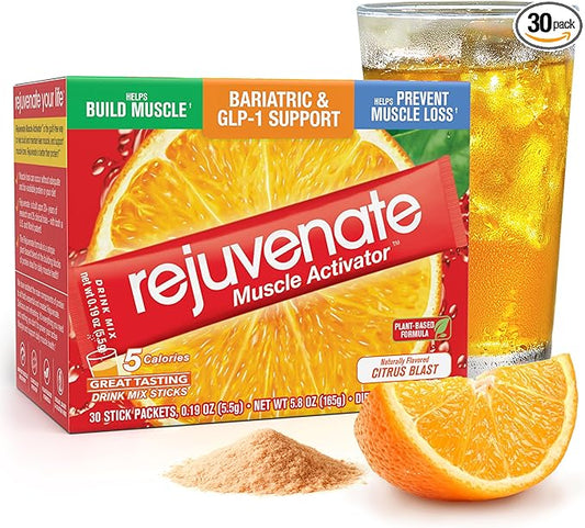 Rejuvenate – 1 Stick Delivers 25g of Whey Protein Equivalency for Muscle Growth & Energy – Essential Amino Blend (EAA + BCAA), GLP-1 & Bariatric Approved, Citrus Blast, 30 Count