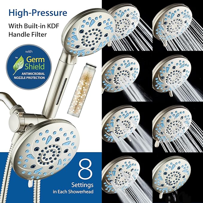 AquaCare High Pressure 6-way Dual Shower Head Combo with Built-in Filter & Power Wash - Clean Tub, Tile & Pets. Remove Chlorine, Lead & Toxins from Water to Protect Skin, Hair, & Nails. Nickel Finish