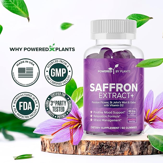 Saffron Extract Gummies with Passionflower & Vitamin D2 - Saffron Supplements for Mood Support, Digestion, & Energy 60 Servings
