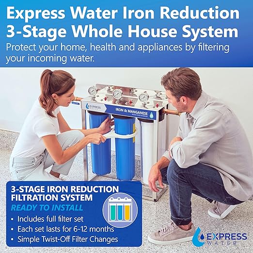 Whole House Water Filter System| IRON & MANGANESE | 3 Stage Water Purifier Whole Home, Top-Tier Iron & Mang. Filter Targets Stains/Color on Glass-Ware, Fixtures, Laundry, Signf. Reduces Lead & Arsenic