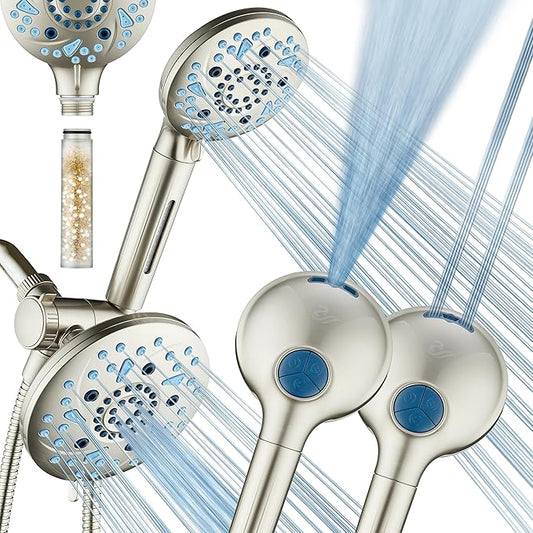 AquaCare High Pressure 6-way Dual Shower Head Combo with Built-in Filter & Power Wash - Clean Tub, Tile & Pets. Remove Chlorine, Lead & Toxins from Water to Protect Skin, Hair, & Nails. Nickel Finish