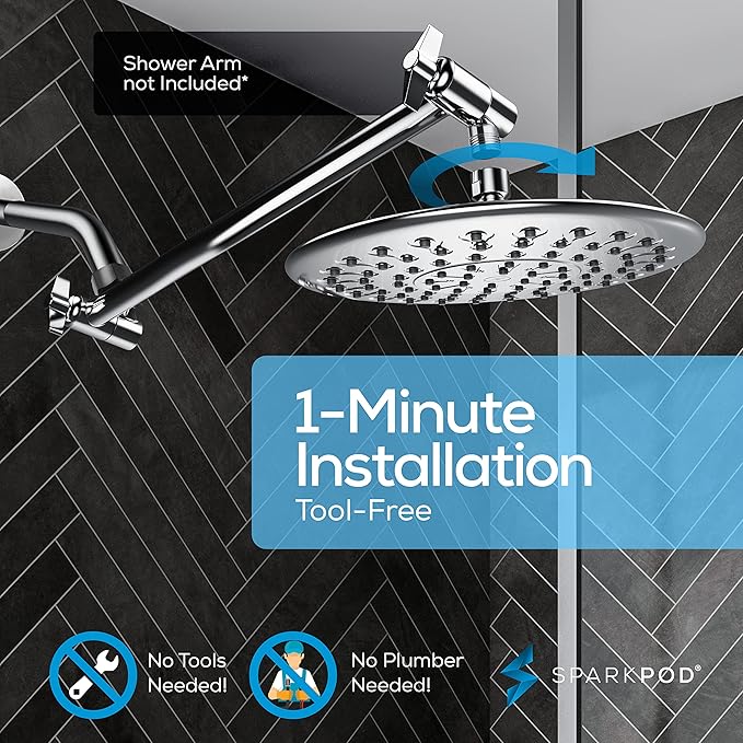 SparkPod 9.5 Inch Large Rain Shower Head - Luxury Rainfall Shower Head - High Pressure Showerhead, Full Body Coverage with Anti-Clog Silicone Nozzles -No Hassle, Easy Install (1/2 NPT, Chrome)
