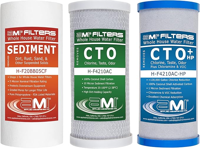 Applied Membranes Inc. 3-Stage Whole-House Water Filter Cartridge Replacements, Includes 10-Inch Sediment, Carbon, and Lead Filter Cartridges