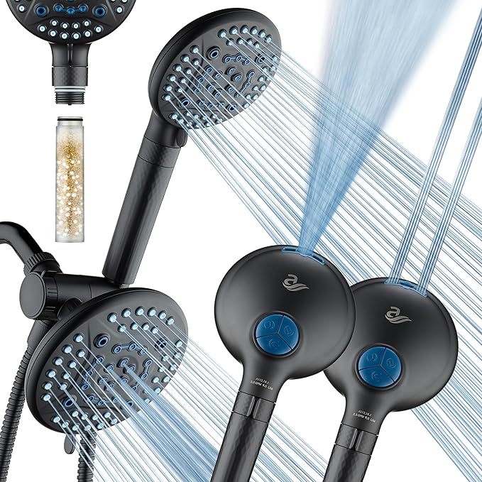 AquaCare High Pressure 6-way Dual Shower Head Combo with Built-in Filter & Power Wash - Clean Tub, Tile & Pets. Remove Chlorine, Lead & Toxins from Water to Protect Skin, Hair, & Nails. Matte Black