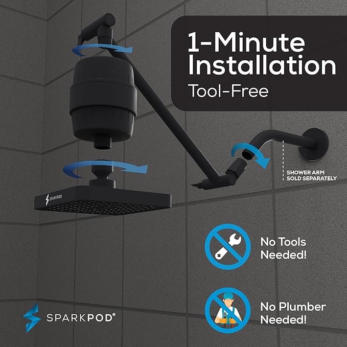 SparkPod 6" High Pressure Rain Shower Head with 23 Stage Filter Capsule & 11 Inch Adjustable Shower Arm Extension - Shower Filter Reduces Chlorine for Smoother Hair & Skin (Square, Black Matte)