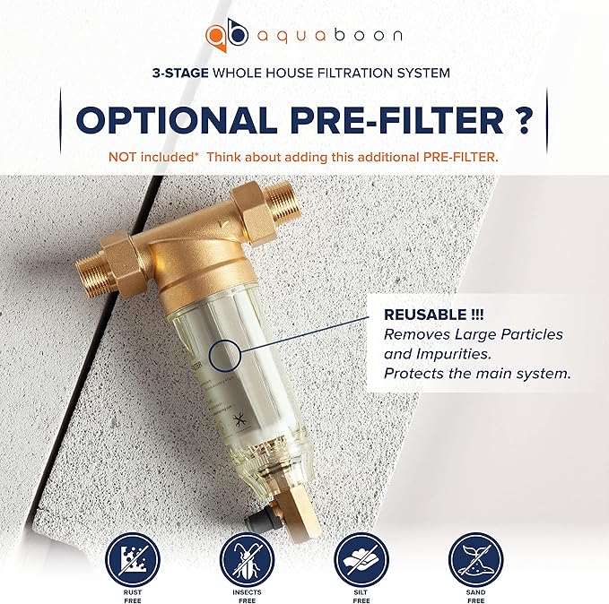 Aquaboon 3-Stage Whole House Water Filter System with Chlorine & Sediment Reducing 20x4.5 Water Filter Cartridges, Gauge & Release, Wrench, Bracket