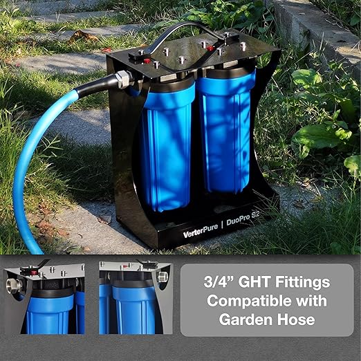 DuoPro S2 External 2-Stage RV Fresh Water Filter System, High Flow, NSF Housings, 3/4" GHT Stainless Steel Fittings, Reduce Sediment, Chlorine, Odor, Heavy Duty Free-Standing Chassis, Blue