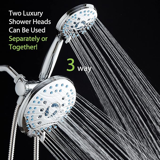 Hotel Spa AquaCare As-Seen-On-TV High Pressure 50-mode Rain & Handheld 3-way Shower Head Combo - Anti-clog Nozzles/Tub, Tile & Pet Power Wash/Extra Long 6 ft. Stainless Steel Hose/All Chrome Finish