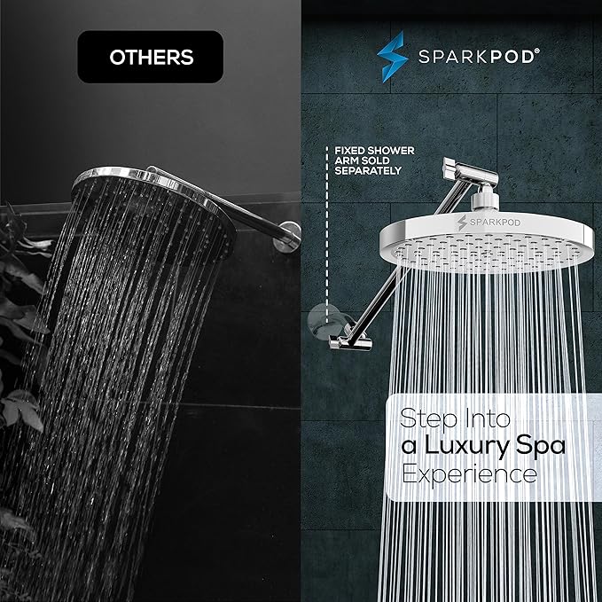 SparkPod Round Rain Shower Head with Extension Arm - Height Adjustable Shower Head with High Pressure Performance - Easy 1-Minute Installation (16" Arm Extension, Luxury Polished Chrome)
