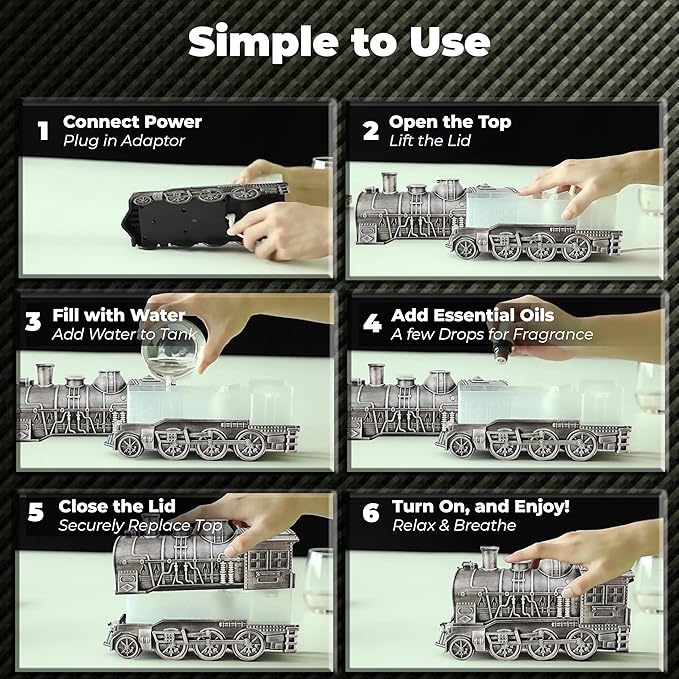 OMEO Silver Small Train Aromatherapy Humidifier & Essential Oil Diffuser - Dual Mist, Quiet Ultrasonic, 300ML Tank, Remote Control, LED Light, Air Purifier for Home, Office, and Bedroom Use