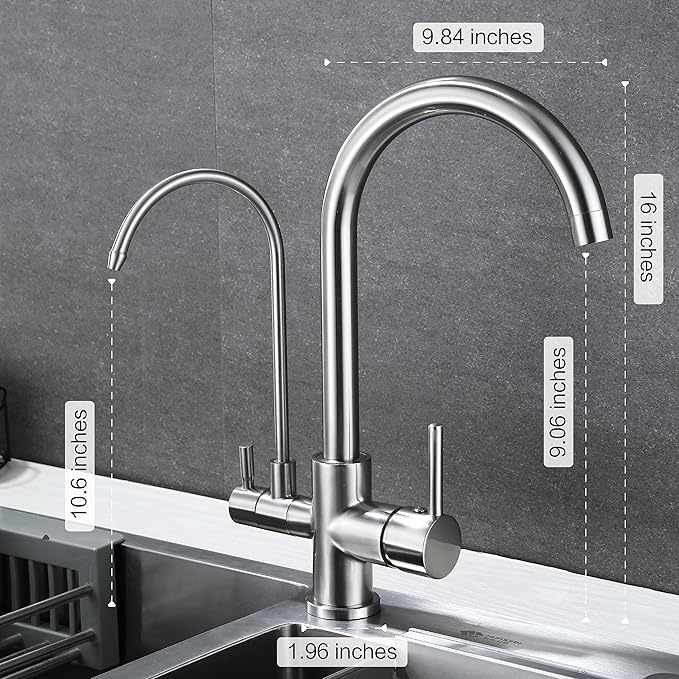 Faucet KF001, Brushed Nickel, Kitchen, Single Hole, Ceramic Plate Valve, 2 Handles, Solid Brass, 3 in 1 Water Filter Purifier