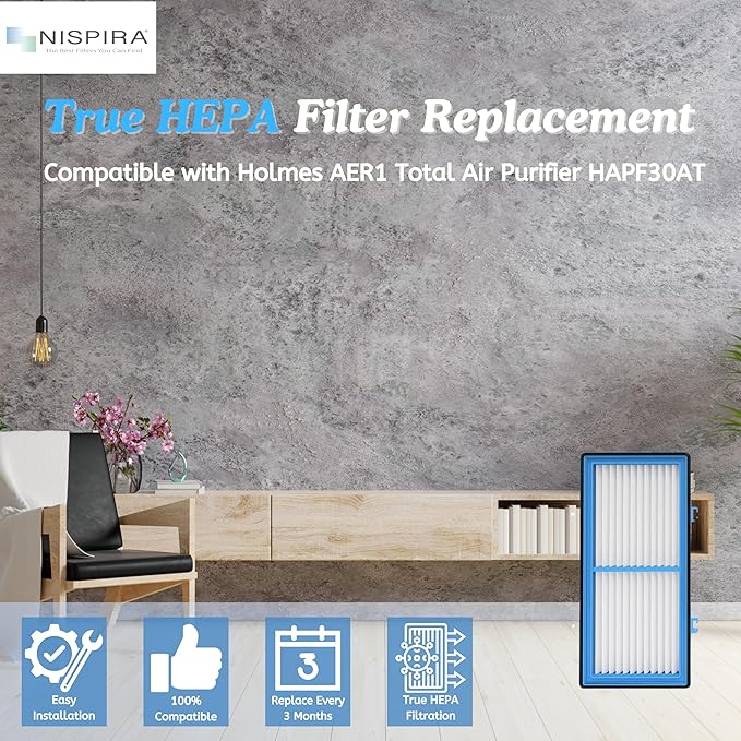 Nispira AER1 Filter Replacement for Holmes Air Purifier HAPF30AT HAP242-NUC Total Air True HEPA 4 Packs, 1.2 x 10 x 4.6 Inches