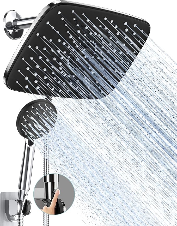 Veken 11.8 Inch High Pressure Rain Shower Head -Shower Heads with 5 Modes Handheld Spray Combo- Wide RainFall shower with 70" Hose & Bracket- Adjustable Dual Showerhead with Anti-Clog Nozzles - Chrome
