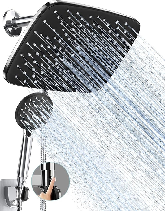 Veken 11.8 Inch High Pressure Rain Shower Head -Shower Heads with 5 Modes Handheld Spray Combo- Wide RainFall shower with 70" Hose & Bracket- Adjustable Dual Showerhead with Anti-Clog Nozzles - Chrome