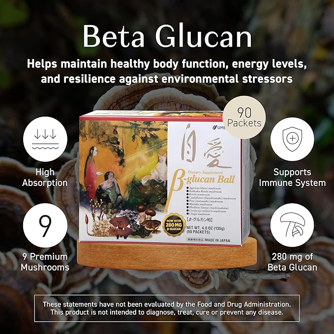 Umeken Beta Glucan, Immune Boost, Mushroom Extract, Dietary Supplement, Blend of 9 Premium Mushroom Extract Packets, Easy to Take Beta Glucan Supplements, 6 Month Supply, 90 Count Box, Pack of 2