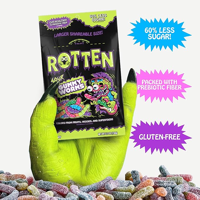 Rotten Sour Gummy Worms - Low Sugar, Low Calorie, 7g Gut-Friendly Prebiotic Fiber and 3g Protein, Gluten Free Candy - 5.3 oz Share Pack [4 Pack]