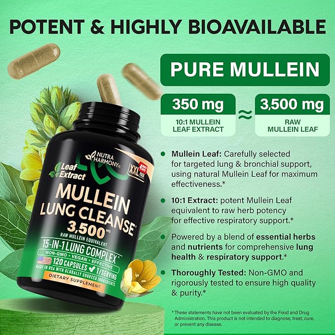 Mullein Leaf Extract for Lung Detox - Marshmallow Root | Echinacea | Oregano | Quercetin | NAC - 15-in-1 Lung Support & Cleanse for Smokers Supplement - Made in USA - As Drops, Tincture - 120 Capsules