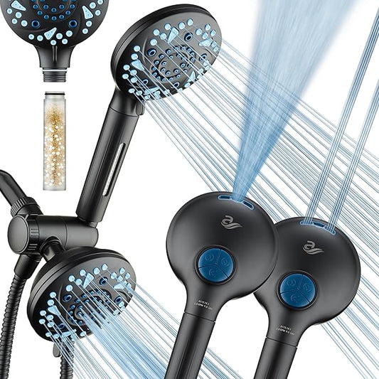 AquaCare High Pressure 6-way Dual Shower Head Combo with Built-in Filter & Power Wash - Clean Tub, Tile & Pets. Remove Chlorine, Lead & Toxins from Water to Protect Skin, Hair, & Nails. Matte Black