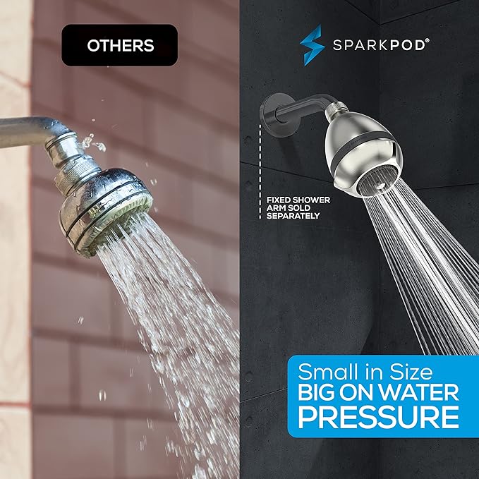 SparkPod 3-Inch Extreme High Pressure Shower Heads - Pressure Boosting with Rain, Massage & Pulsating Mode, Powerful Water-Saving Showerhead - 2.5 GPM Fixed Shower Head (Elegant Brushed Nickel)
