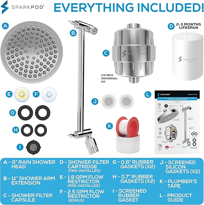 SparkPod 6" High Pressure Rain Shower Head with 23 Stage Filter Capsule & 11 Inch Adjustable Shower Arm Extension - Shower Filter Reduces Chlorine for Smoother Hair & Skin (Round, Polished Chrome)