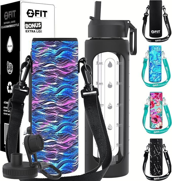 FIT Strong & Healthy 32 oz Glass Water Bottle with Straw Lid, Time Marker, Sleeve & Extra Lid - Motivational, Wide Mouth 1 Liter Glass Drinking Bottle