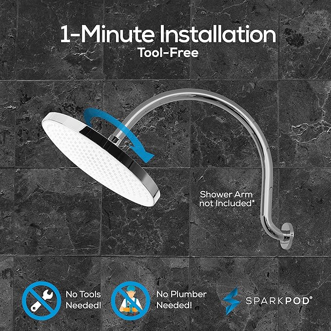 SparkPod 10 Inch Round Rain Shower Head - Ceiling or Wall Mount Rainfall Shower Head - Large Coverage Showerhead - Brass Ball Joint with 360° Adjustment - 1-Min Install (Chrome and White)