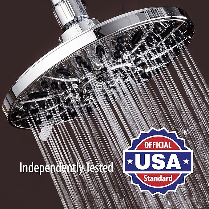 AquaDance Chrome High Pressure 6-Setting, 7" Rainfall Shower Head – Tested to Meet US Quality Standards, Angle-Adjustable, with Tool-Free Installation Finish – 1.8 GPM